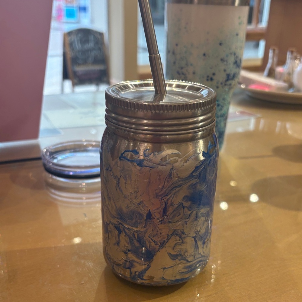 Blue and Silver Marble Tumbler with collapsible Straw